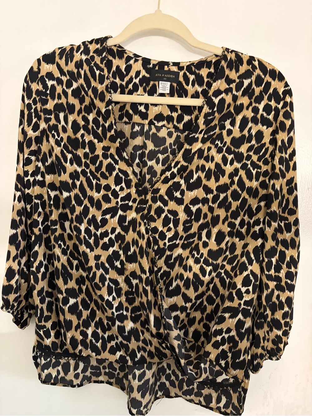 Ava & Aiden Leopard-Print V-Neck Blouse in Tan and Black